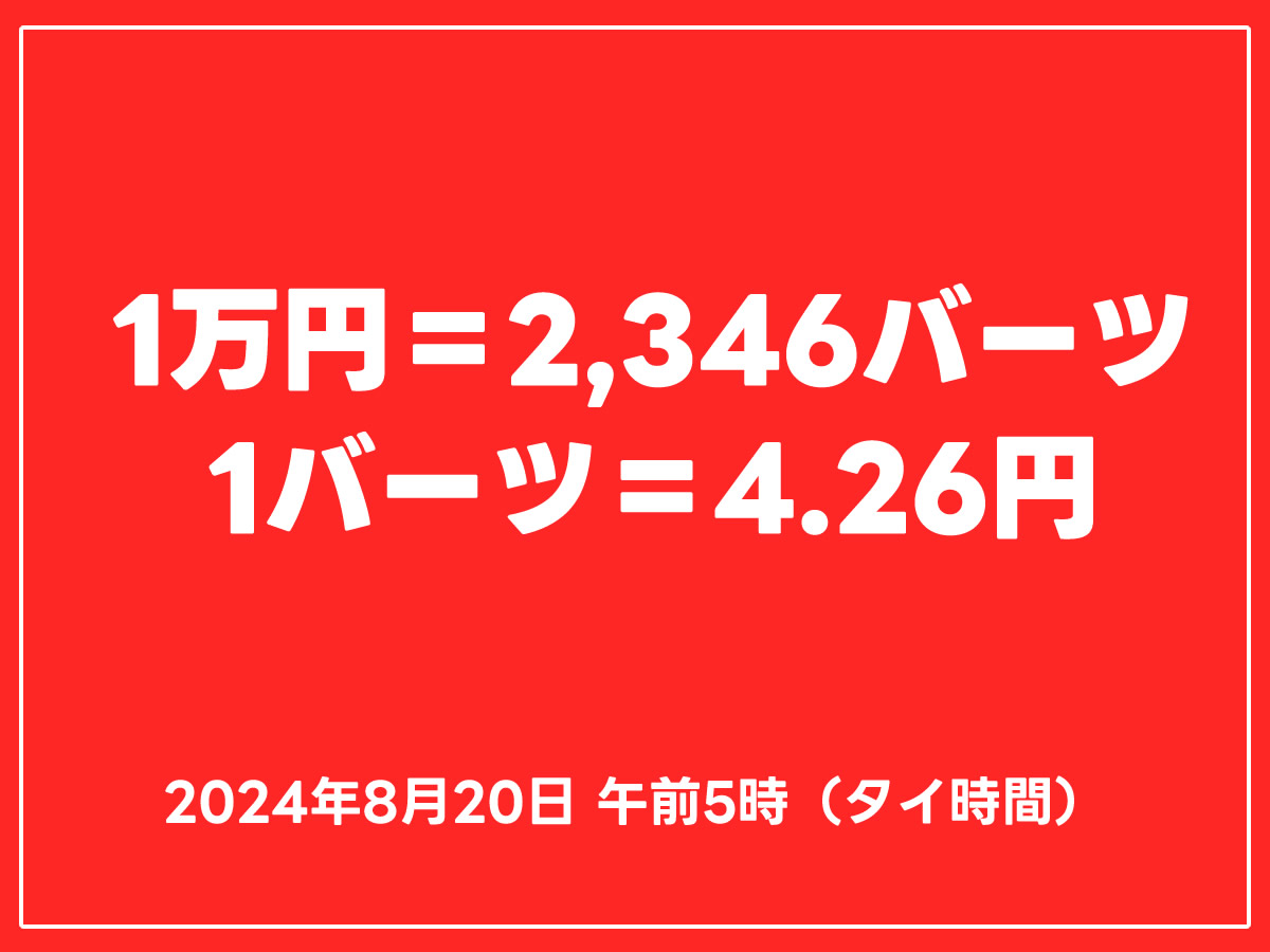 NY円は146円台後半、そのときタイバーツは1万円＝2,346バーツ［2024-08-20］